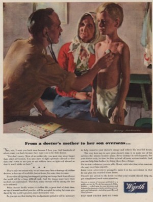 ORIGINAL VINTAGE MAGAZINE AD: Wyeth Labratories - From a doctor's mother to her son overseasby: Harry Anderson (Illust.)
