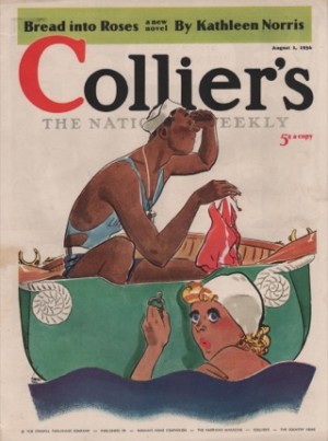 ORIGINAL VINTAGE MAGAZINE COVER: Collier's August 1 1936 - Lifeguard holding lady's swimsuitby: Oliver Hurst (Illust.)