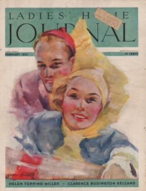 ORIGINAL VINTAGE MAGAZINE COVER: Ladies Home Journal February 1933 - Close-up of couple on a sledby: George Rapp (Illust.)