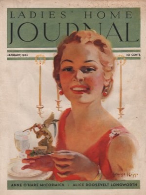 ORIGINAL VINTAGE MAGAZINE COVER: Ladies Home Journal January 1933 - Smiling woman celebrating New Year's Eveby: George Rapp (Illust.)