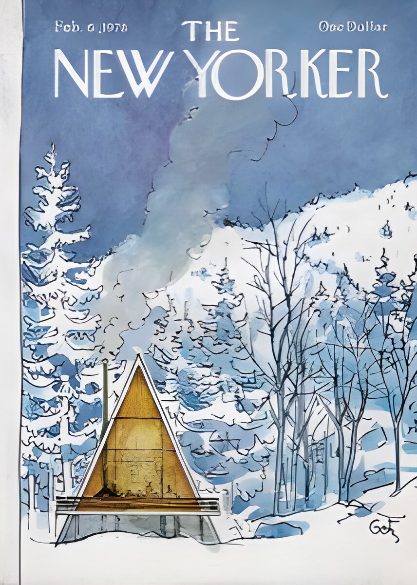 ORIGINAL VINTAGE MAGAZINE COVER: New Yorker Feb. 6 1978 - A-frame house in winter hillsby: Arthur Getz (Illust.)