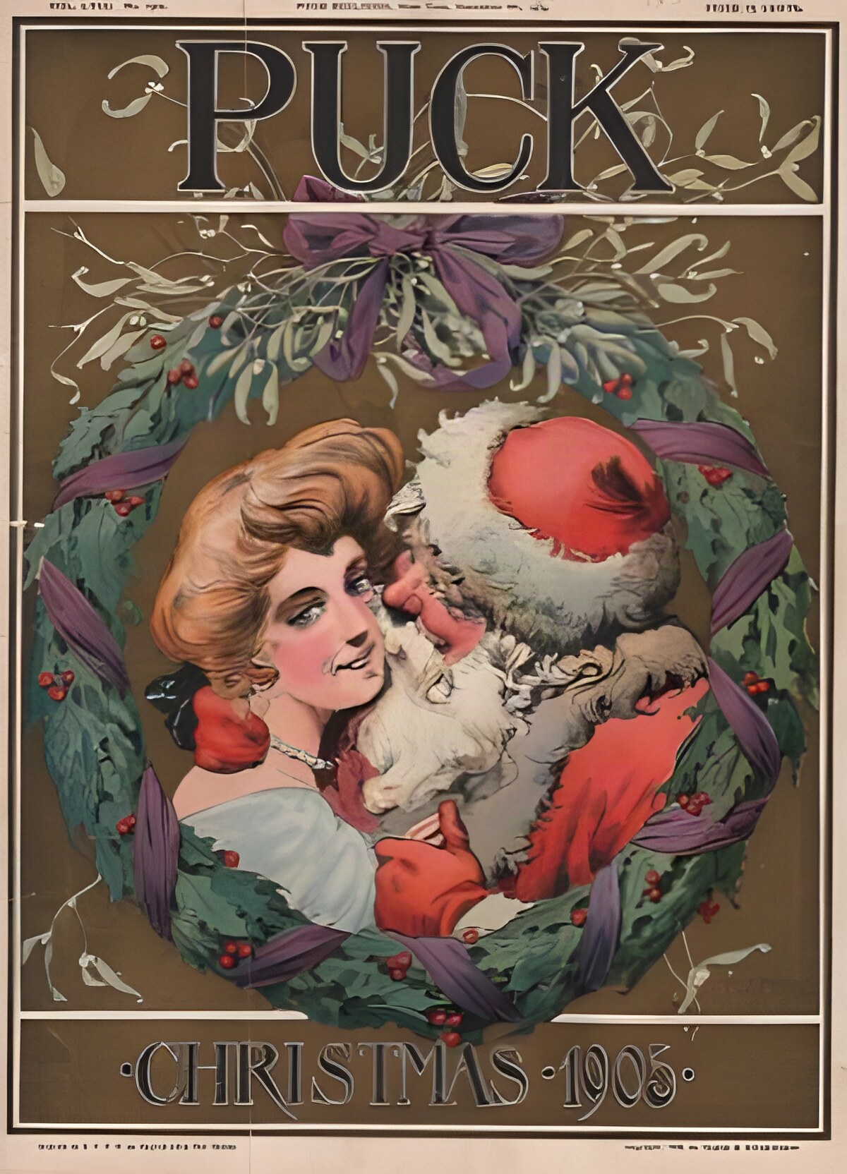 ORIGINAL VINTAGE MAGAZINE COVER: Puck Christmas 1905 - Santa Claus with sweetheartby: Hassmann (Illust.)
