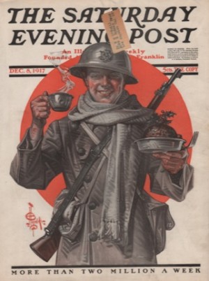 ORIGINAL VINTAGE MAGAZINE COVER: Saturday Evening Post December 8 1917 - American soldier holding Christmas plateby: J. C. Leyendecker (Illust.)