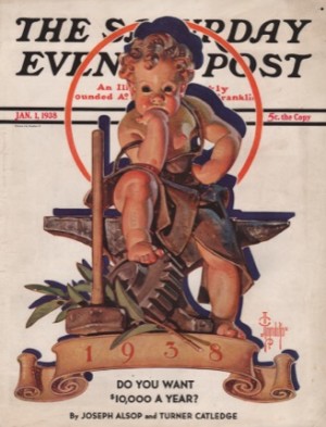 ORIGINAL VINTAGE MAGAZINE COVER: Saturday Evening Post January 1 1938 - Baby waiting with hammerby: J. C. Leyendecker (Illust.)