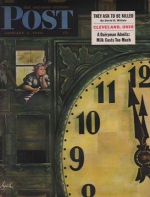 ORIGINAL VINTAGE MAGAZINE COVER: Saturday Evening Post - January 1 1949 - Cleaning woman on New Year's Eveby: Constantine Alajalov (Illust.)