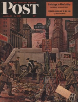 ORIGINAL VINTAGE MAGAZINE COVER: Saturday Evening Post - January 4, 1947 - Cleaning up after New Year's Eveby: Stevan Dohanos (Illust.)