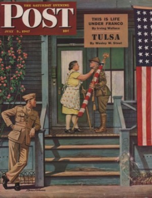 ORIGINAL VINTAGE MAGAZINE COVER: Saturday Evening Post - July 5 1947 - Wife getting veteran husband ready for paradeby: Stevan Dohanos (Illust.)