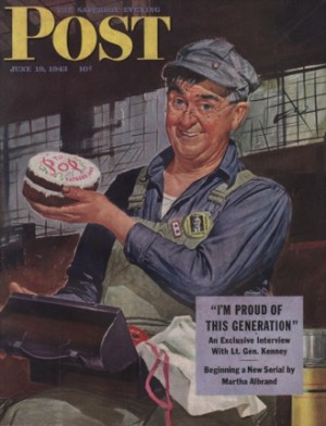 ORIGINAL VINTAGE MAGAZINE COVER: Saturday Evening Post - June 19 1943- Factory worker holding Father's Day cakeby: Howard Scott (Illust.)
