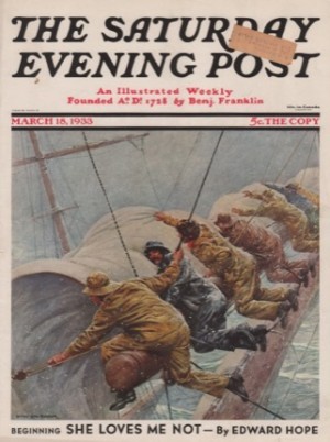 ORIGINAL VINTAGE MAGAZINE COVER: Saturday Evening Post - March 18 1933 Sailors rolling ship's sailby: Anton Otto Fischer (Illust.)