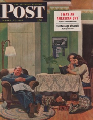 ORIGINAL VINTAGE MAGAZINE COVER: Saturday Evening Post - March 27 1948 - Rural family in the eveningby: John Falter (Illust.)