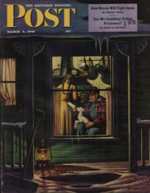 ORIGINAL VINTAGE MAGAZINE COVER: Saturday Evening Post - March 3, 1945 - Farmer nursing lambby: Stevan Dohanos (Illust.)