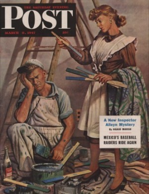 ORIGINAL VINTAGE MAGAZINE COVER: Saturday Evening Post - March 8, 1947 - Wife choosing paint colorby: Stevan Dohanos (Illust.)
