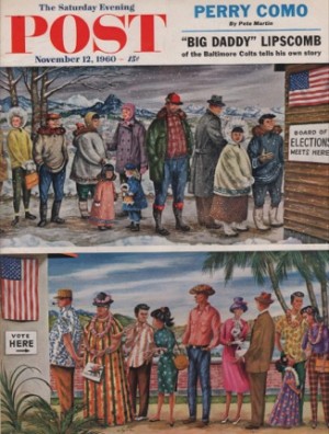 ORIGINAL VINTAGE MAGAZINE COVER: Saturday Evening Post- November 12, 1960 -Voting linesby: Constantin Alajalov (Illust.)