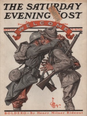 ORIGINAL VINTAGE MAGAZINE COVER: Saturday Evening Post September 1 1917 - Soldier embracing doughboyby: J. C. Leyendecker (Illust.)