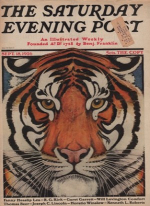 ORIGINAL VINTAGE MAGAZINE COVER: Saturday Evening Post: September 18 1926 - Tiger faceby: Paul Bransom (Illust.)