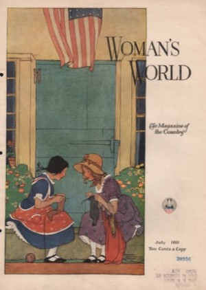 ORIGINAL VINTAGE MAGAZINE COVER: Woman's World - July 1918 - Little girls knitting socksby: Maginel Wright Enright (Illust.)