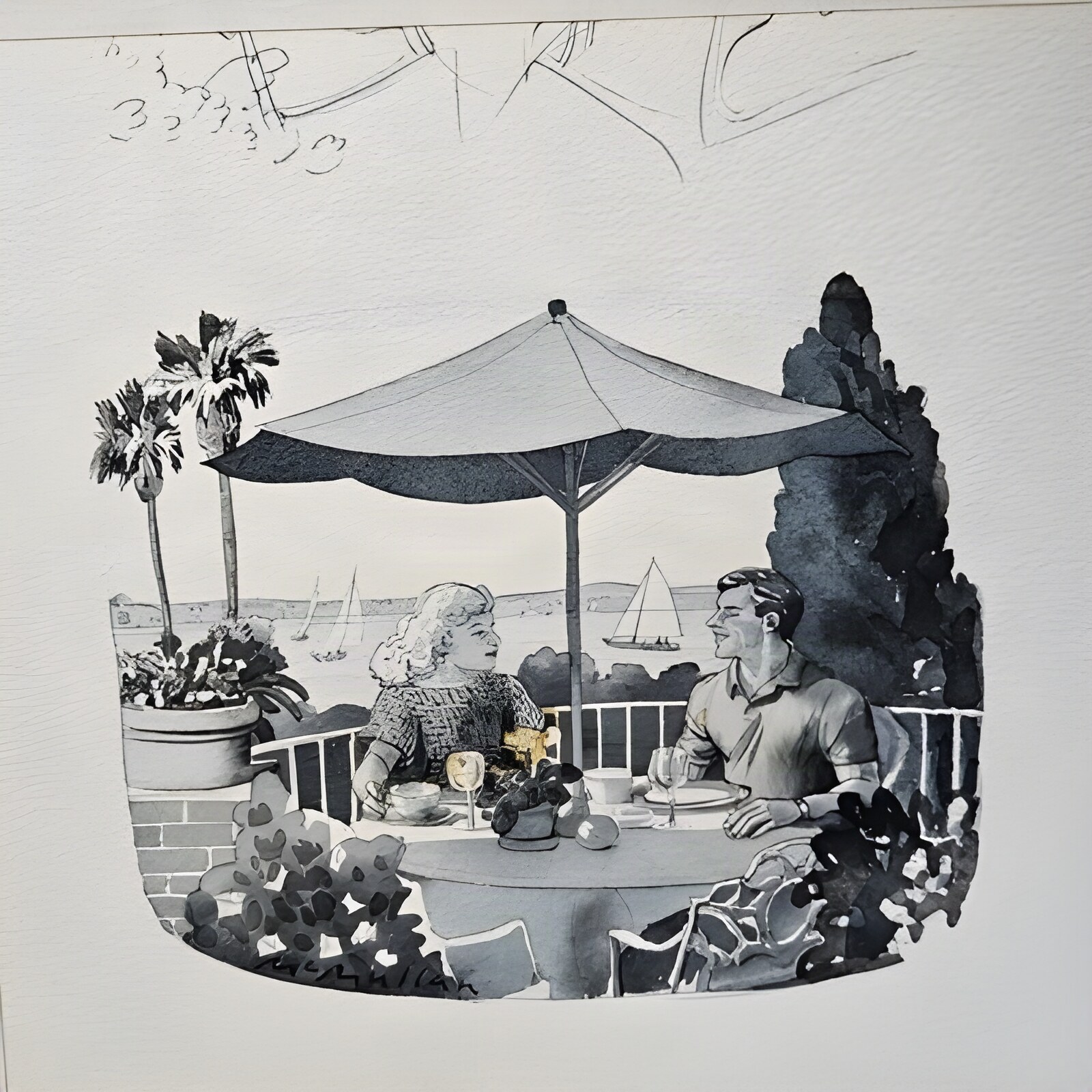 Resort Couple Lunching on Patio (ORIGINAL B&W WATERCOLOR ART) SIGNEDby: McMullan, James