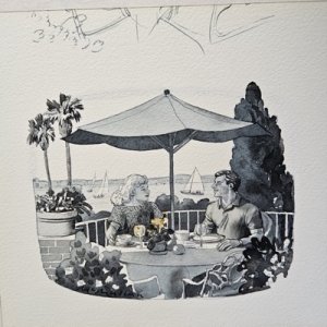 Resort Couple Lunching on Patio (ORIGINAL B&W WATERCOLOR ART) SIGNEDby: McMullan, James