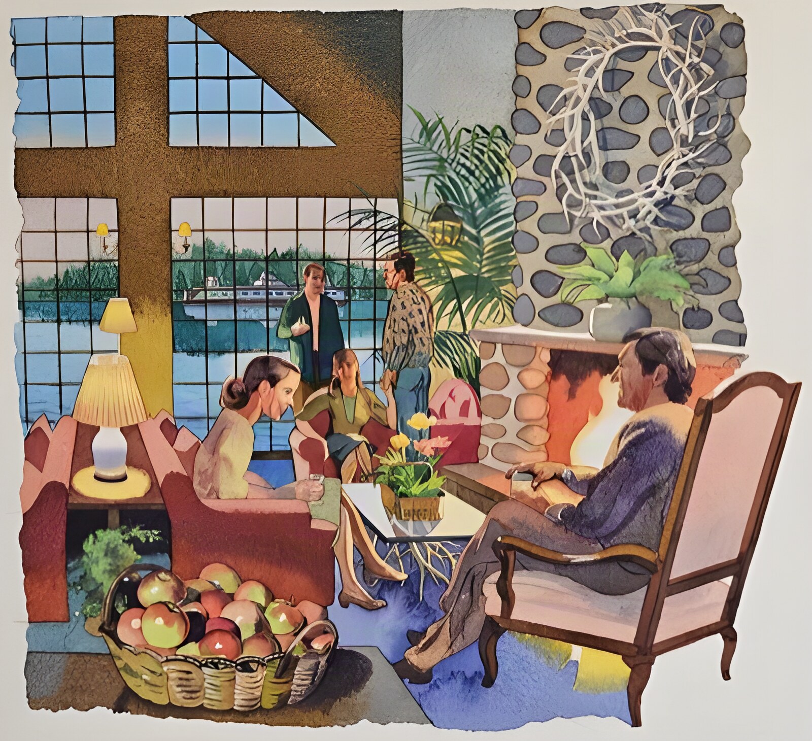 Resort Lobby with Fireplace (ORIGINAL WATERCOLOR ART) SIGNEDby: McMullan, James