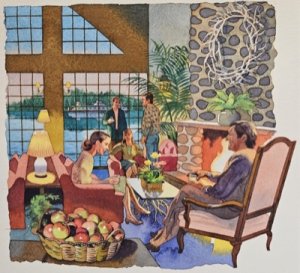 Resort Lobby with Fireplace (ORIGINAL WATERCOLOR ART) SIGNEDby: McMullan, James