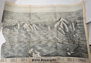Multi-colored map view depicts the high peaks of the White Mountains and the surrounding region, bounded east and west by the Carter and Kinsman Ranges, and north and south by Lancaster and the Lakes Region.