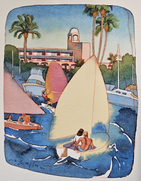 Boating view #2. McMullan's painting gives one the sense of experiencing boating and sailing on the bay. A bayside, modern adobe-style resort in the background. SIGNED.