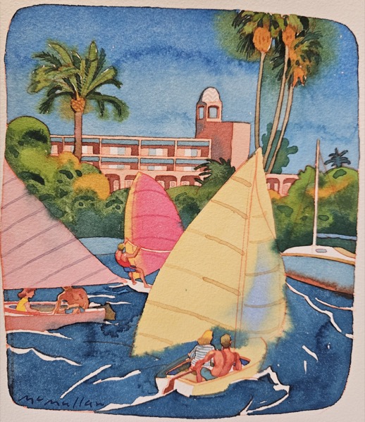 Boating and sailing on the bay. In this view #3 the blue sky is a little darker. The colors deeper. The sails have distinct panel seams. The bay-side, modern adobe-style resort is in the background. SIGNED.